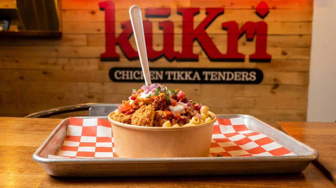 Kukri Chicken Tikka Tenders bowl with mac and cheese, toppings, and a white spoon.