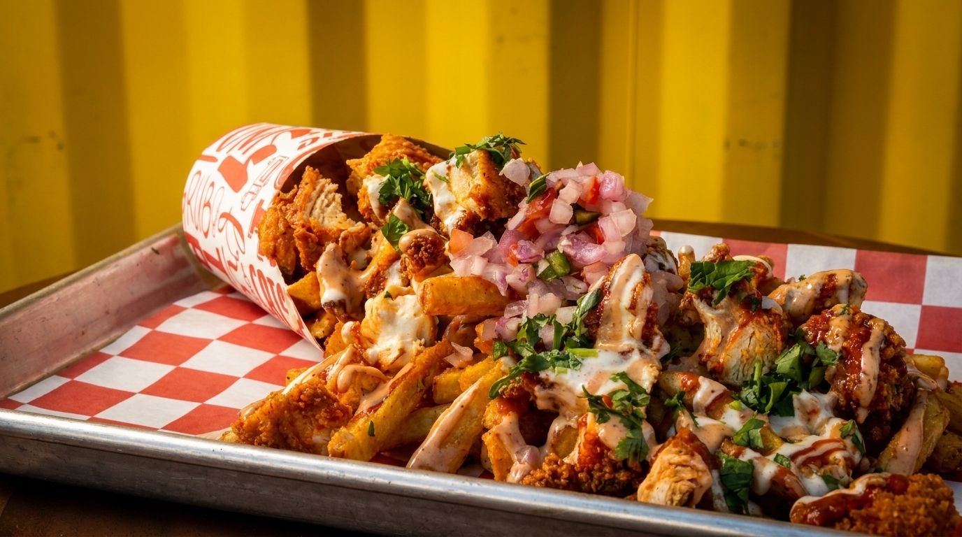 Loaded fries with fried chicken, sauces, and pico de gallo spilling from a paper cone.