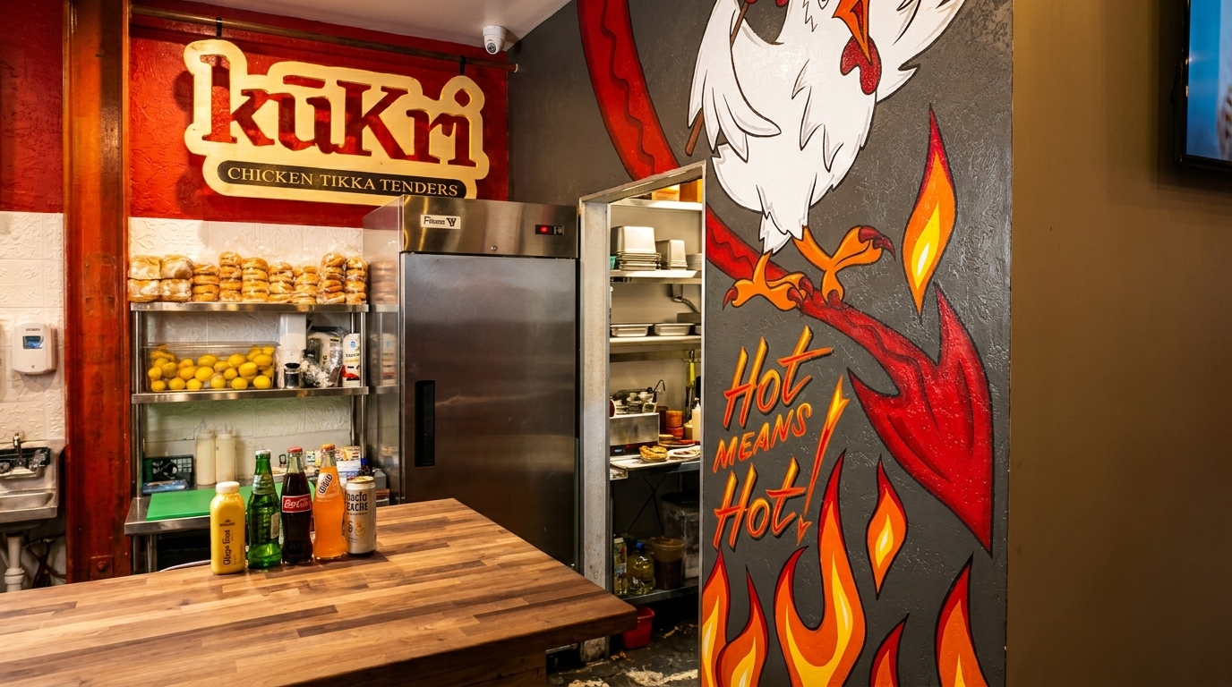 Interior of Kukri Chicken Tikka Tenders restaurant with a counter, shelves of food, and a fiery chicken mural.