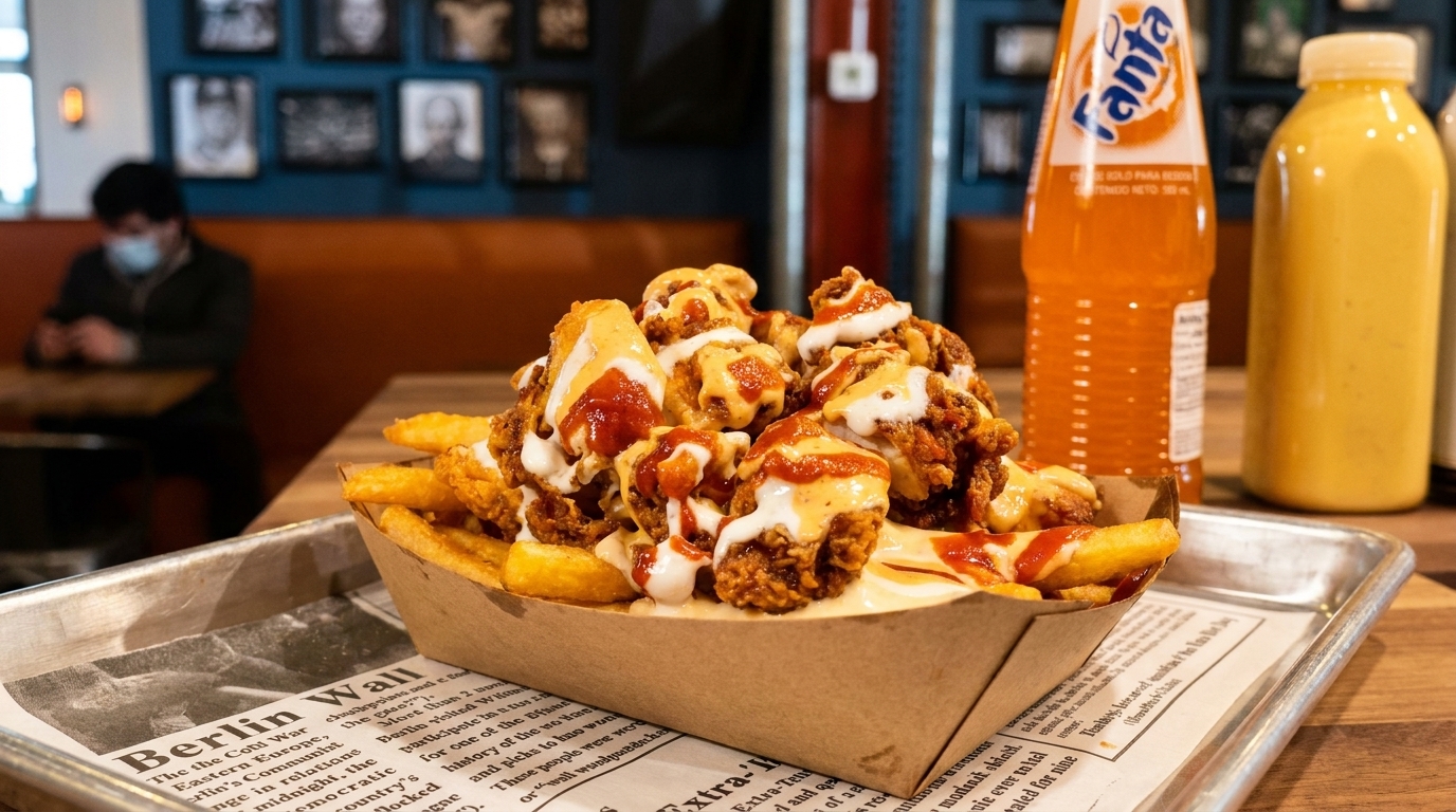 Crispy chicken and fries topped with various sauces, a Fanta, and a yellow drink on a tray.