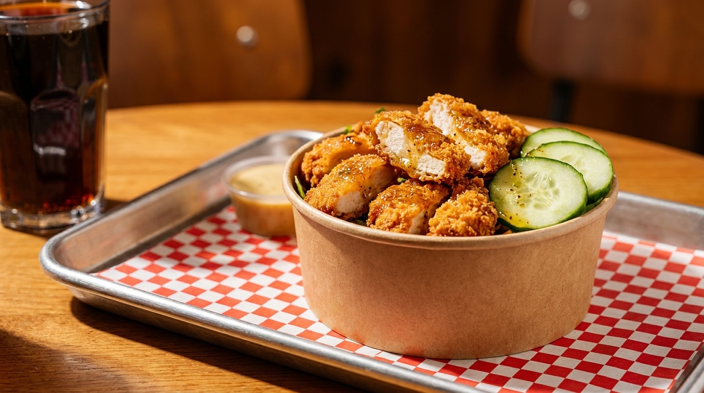 Crispy chicken pieces with sauce and cucumber slices in a bowl, with a drink on a tray.