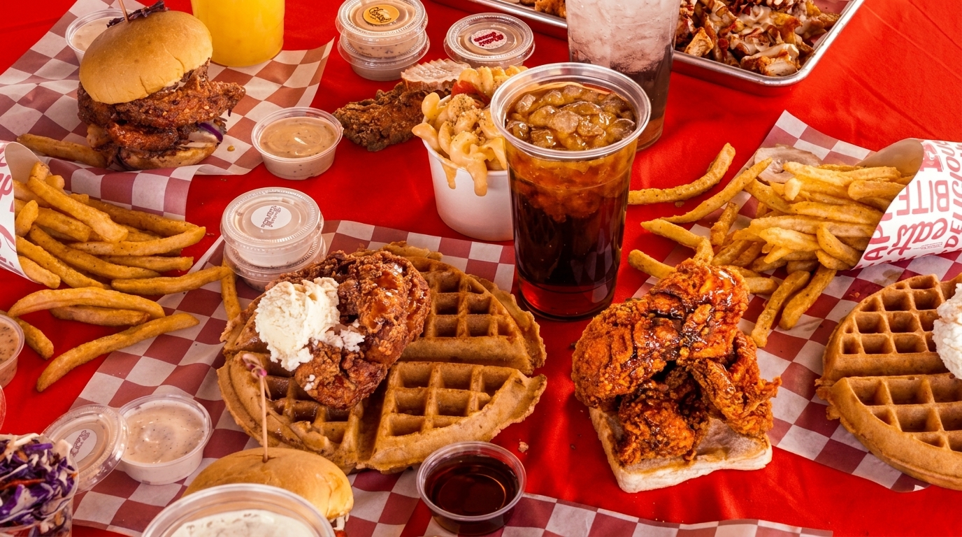 A feast of fried chicken, waffles, fries, mac and cheese, and drinks on a red and white checkered tablecloth.