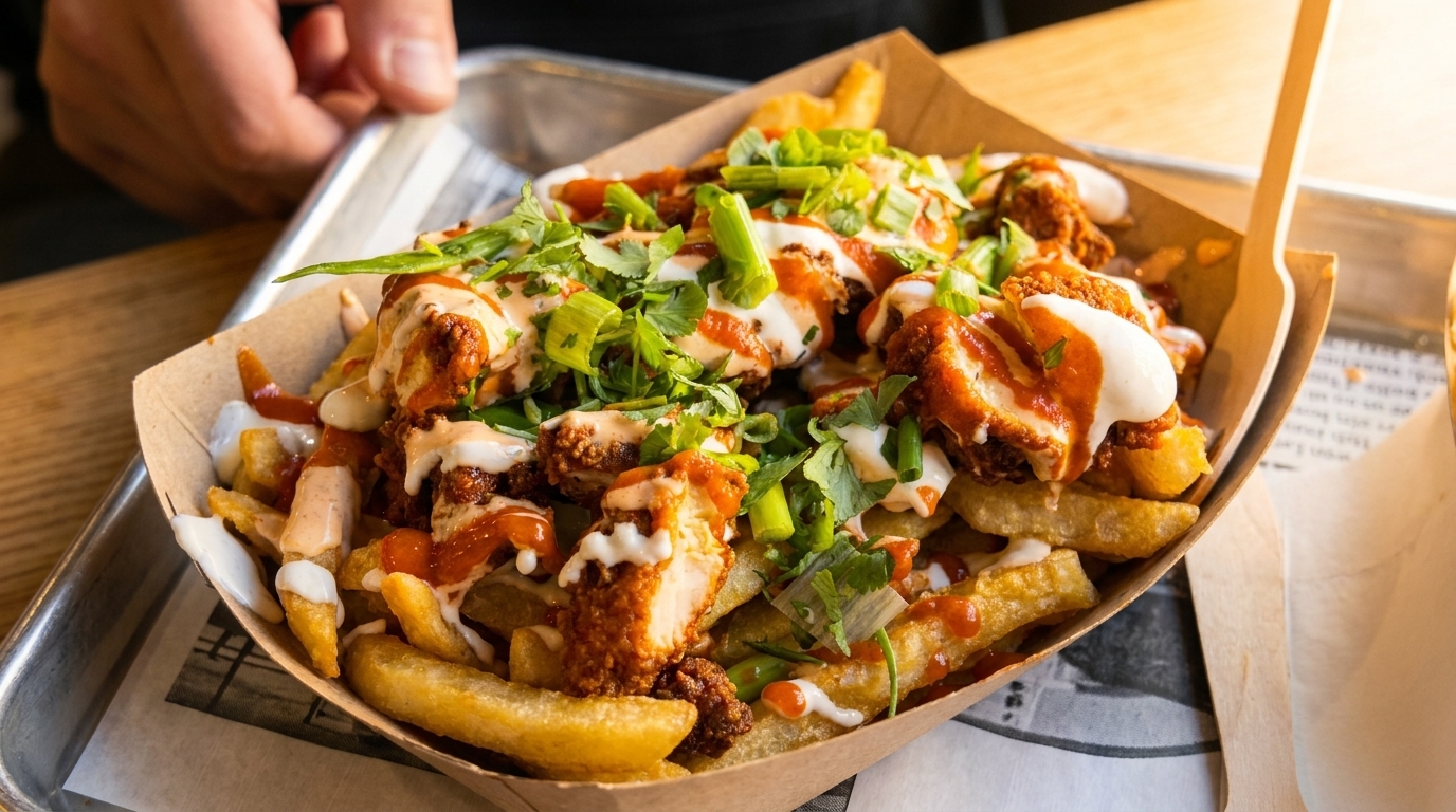 Crispy chicken pieces and french fries drizzled with sauces and topped with green onions and cilantro.
