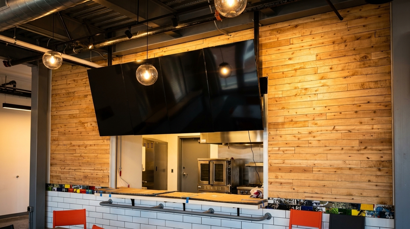 A modern restaurant interior with a wooden wall, large black screens, and a kitchen pass-through.
