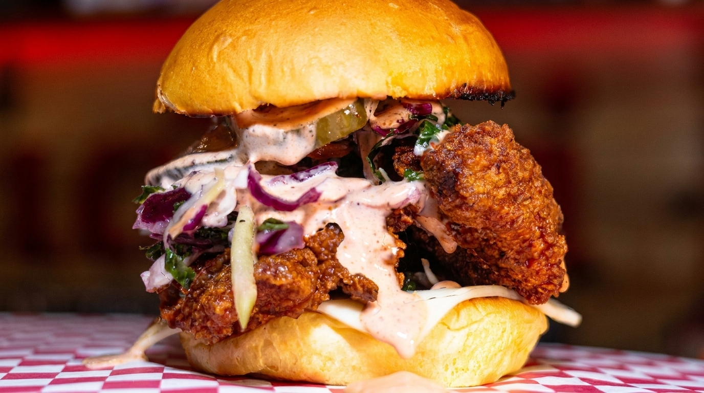Close-up of a fried chicken sandwich with coleslaw, pickles, and sauce on a brioche bun.