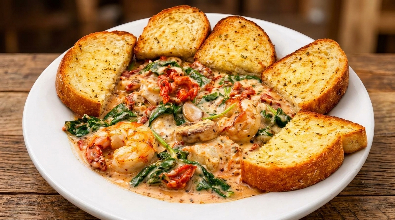 Creamy shrimp pasta with spinach, sun-dried tomatoes, and garlic bread on a white plate.