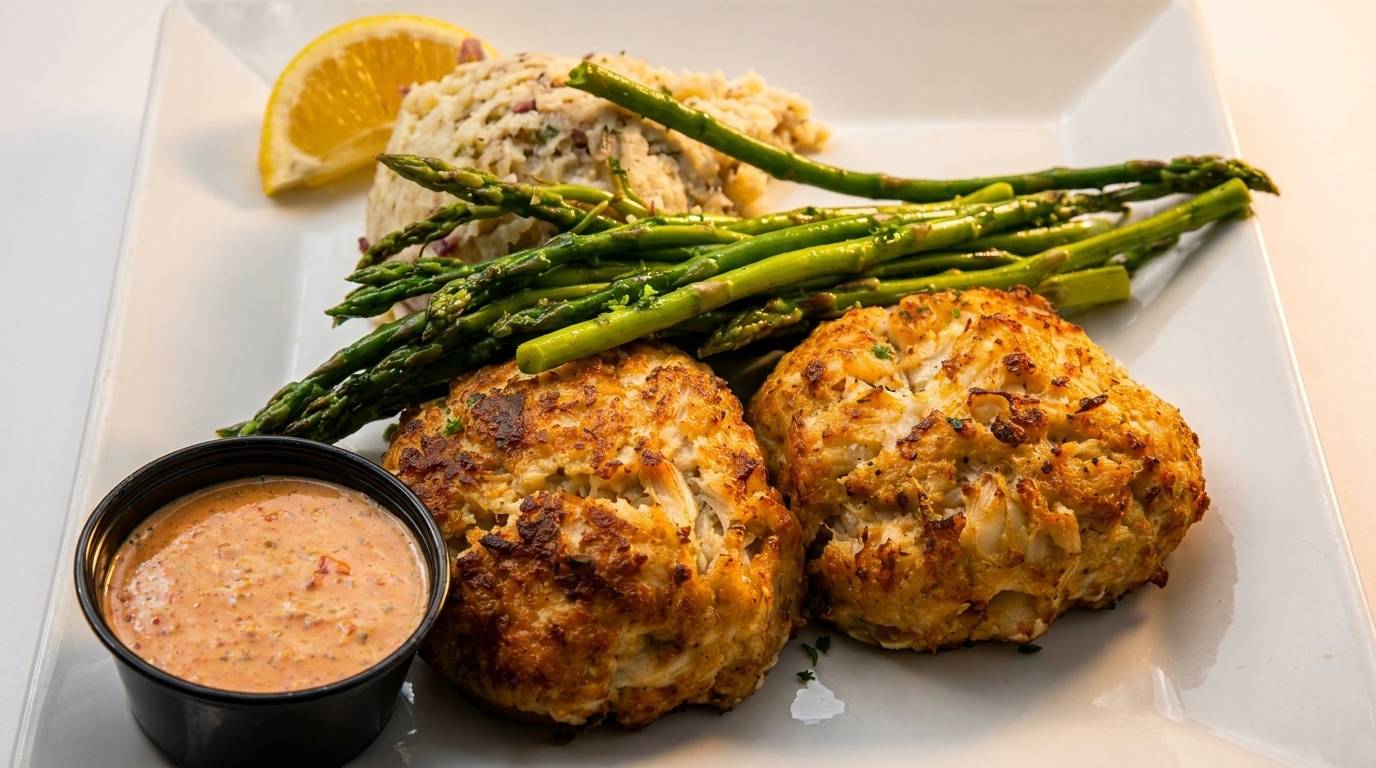 Two golden-brown crab cakes with asparagus, mashed potatoes, a lemon wedge, and dipping sauce.