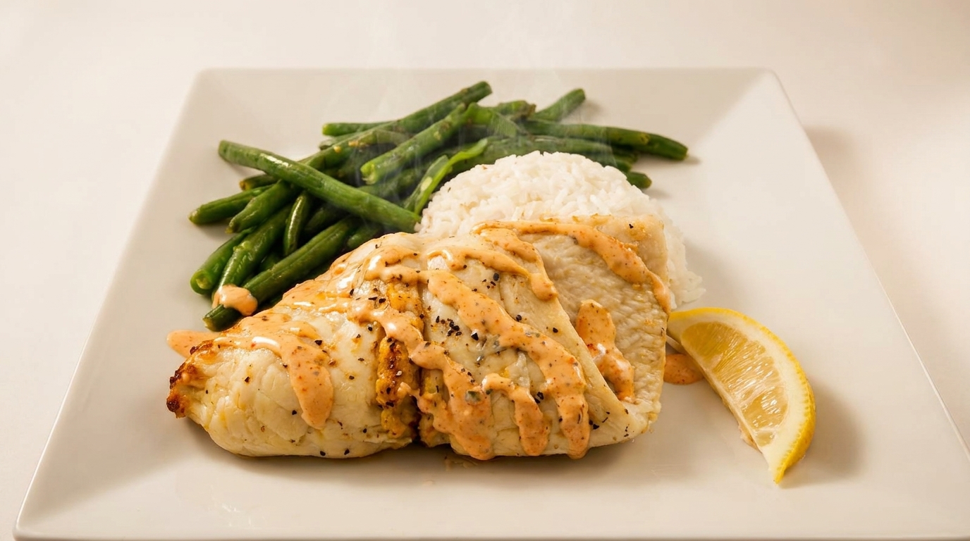 Grilled chicken with sauce, white rice, green beans, and a lemon wedge on a white plate.