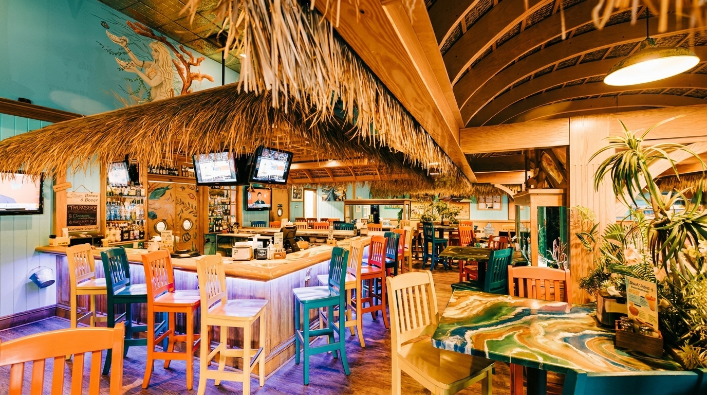 Tropical-themed restaurant interior with a thatched bar, colorful chairs, and mermaid mural on a blue wall.