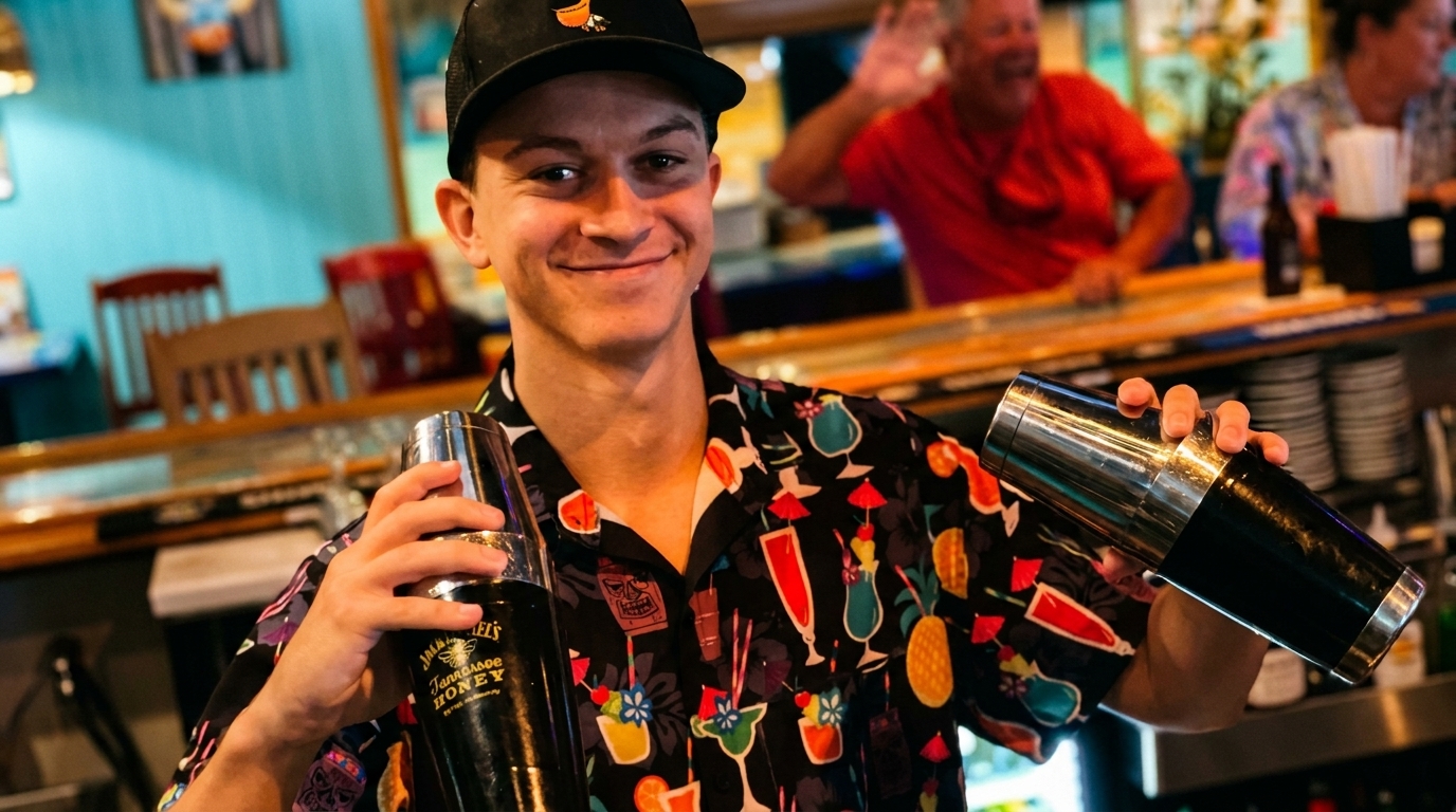 Smiling bartender in a colorful shirt holding two cocktail shakers, with customers in the background.