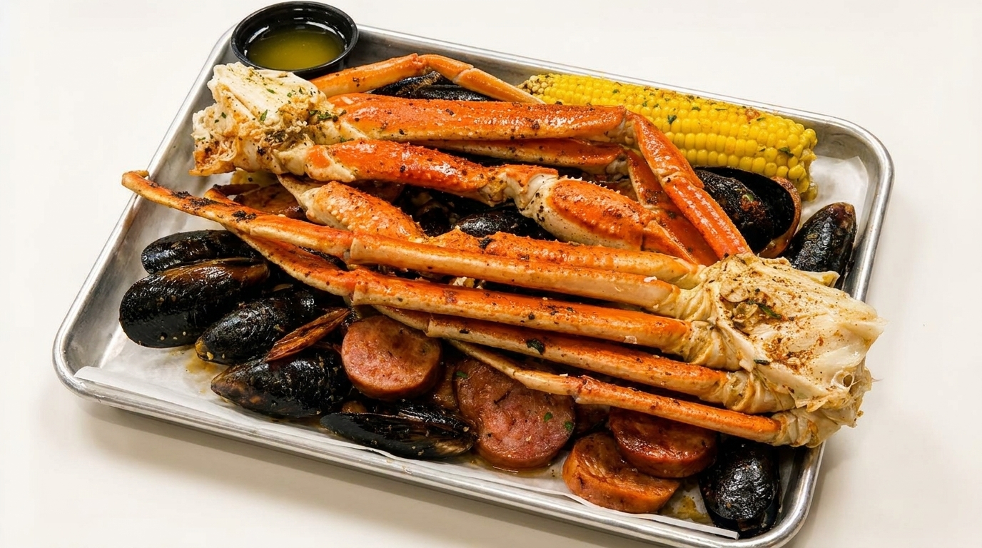 A metal tray filled with snow crab legs, mussels, sliced sausage, corn on the cob, and butter.