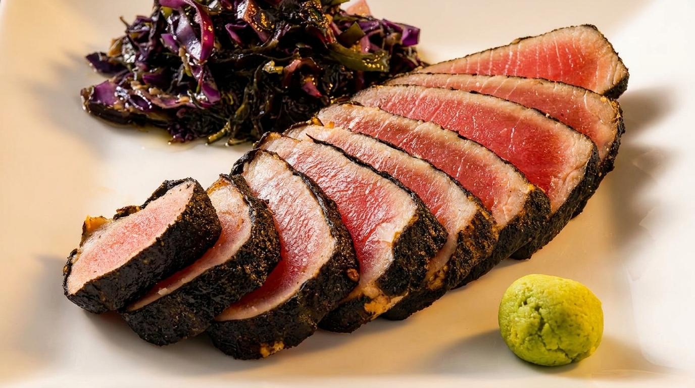 Seared tuna slices with a dark crust, pink interior, served with purple cabbage and wasabi.