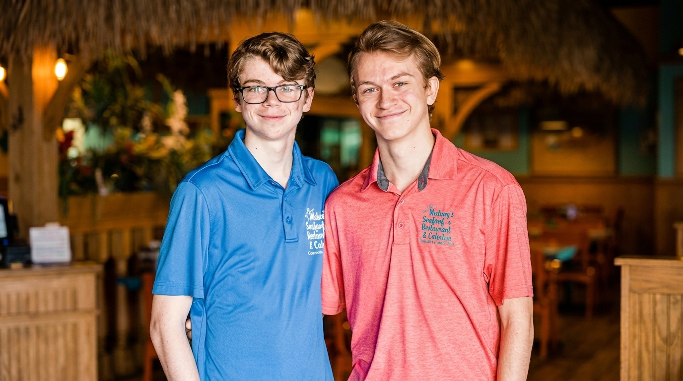 Two young men in blue and red Matlacha's Seafood Restaurant & Catering polo shirts smile.
