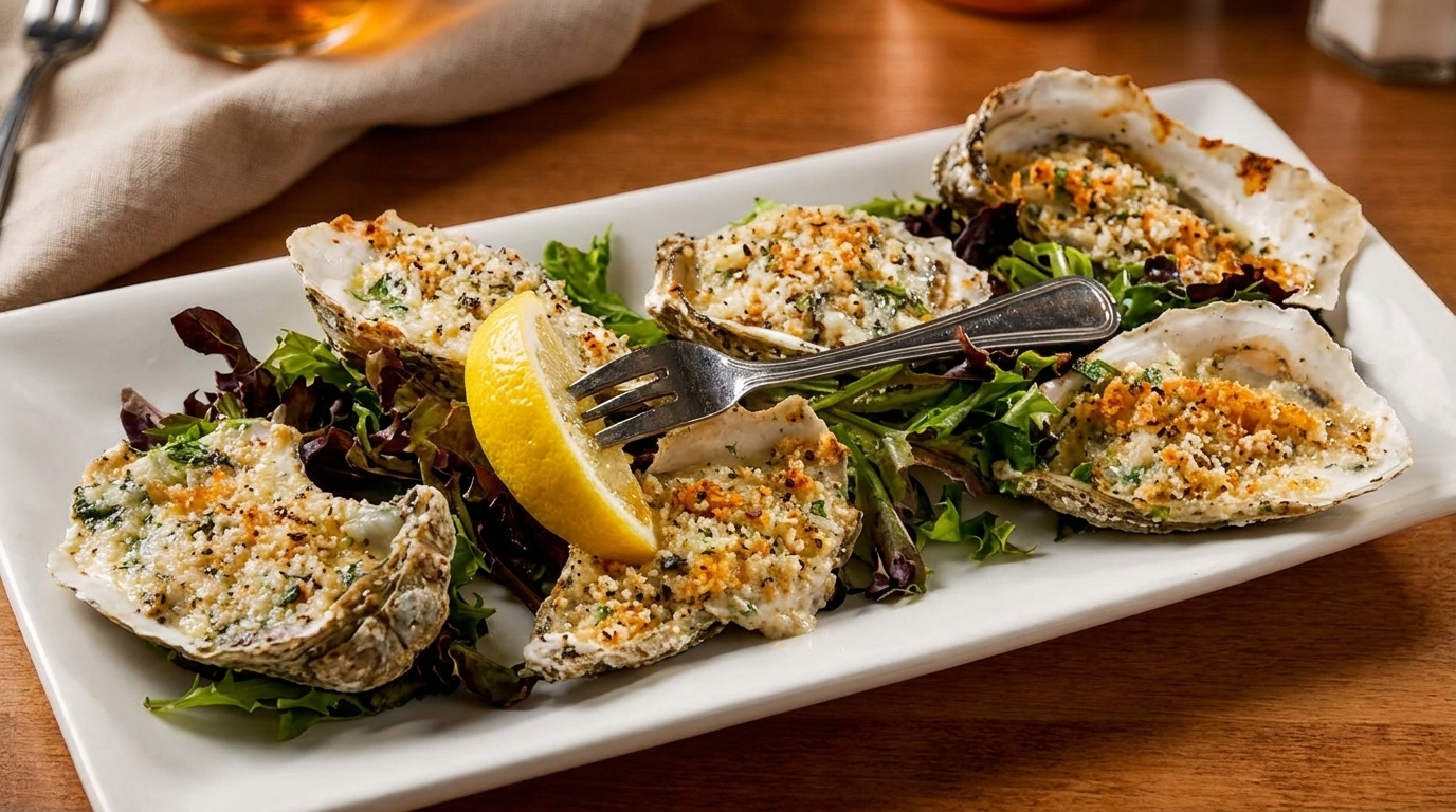 Baked oysters on the half shell with breadcrumbs and herbs, served with a lemon wedge and fork.