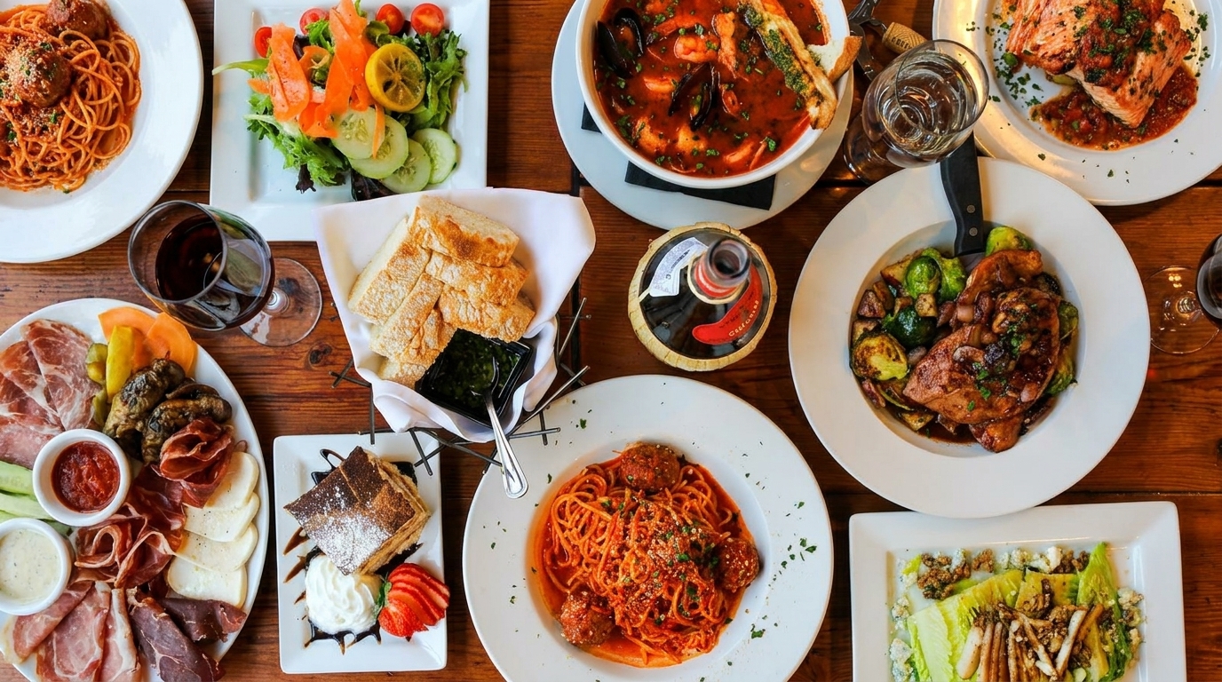 A wooden table laden with various Italian dishes, including pasta, seafood stew, salads, and charcuterie.