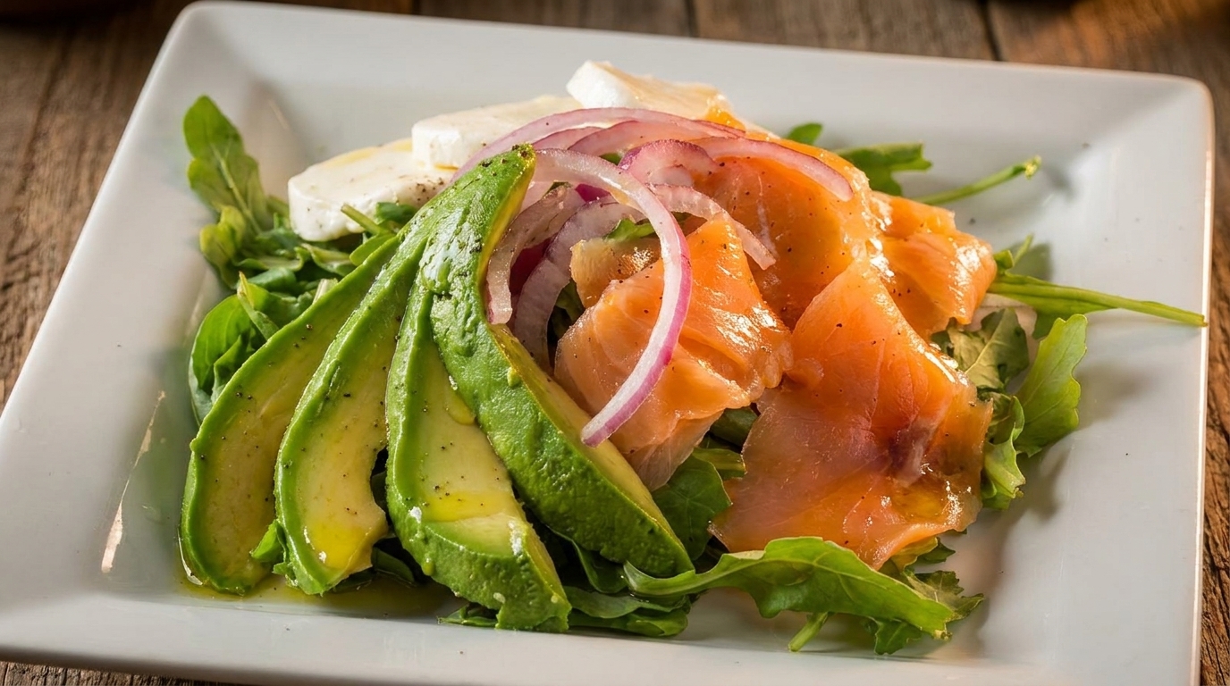 A fresh salad with sliced avocado, smoked salmon, red onion, and mozzarella on a bed of arugula.