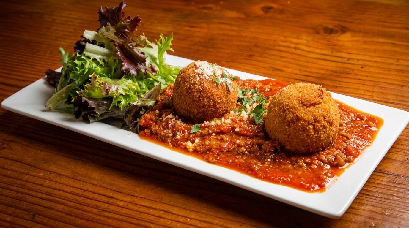 Two golden-brown arancini balls on a bed of marinara sauce, with a side salad on a white plate.
