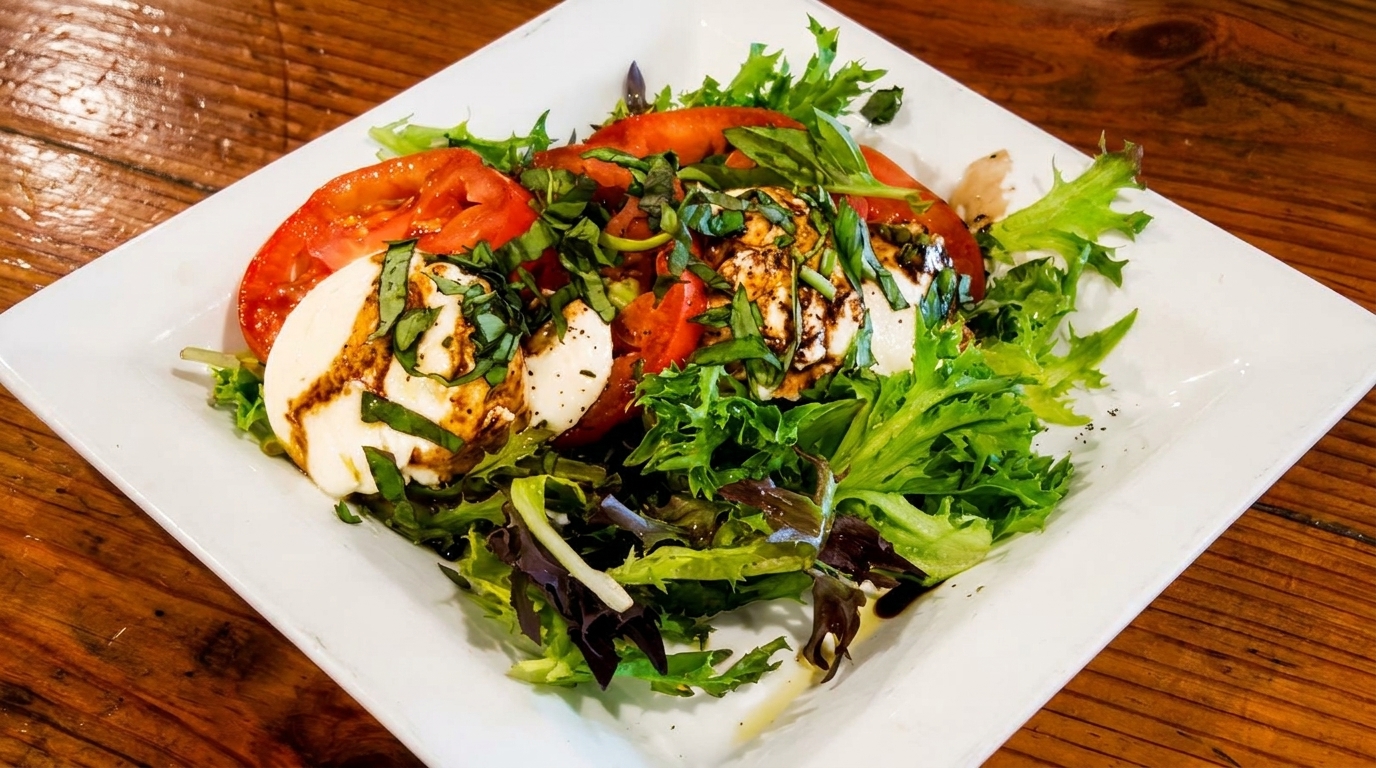 Caprese salad with fresh mozzarella, sliced tomatoes, basil, and balsamic glaze on a white plate.