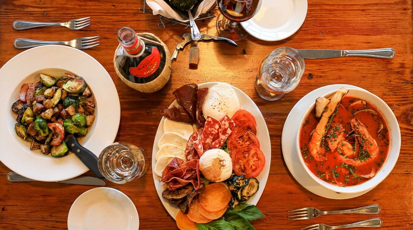 Overhead view of a rustic wooden table laden with Italian dishes, including seafood stew, charcuterie, and roasted vegetables.
