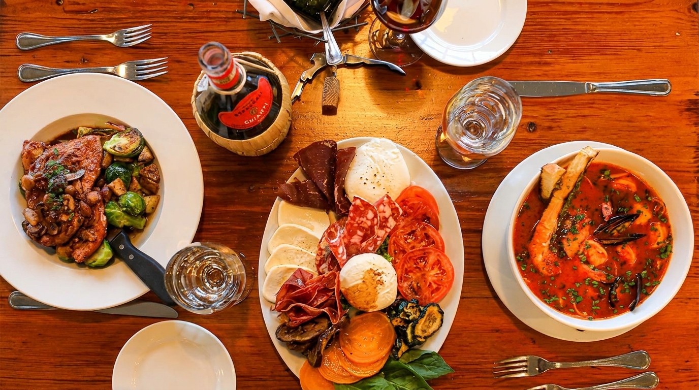 Overhead view of a wooden table laden with Italian dishes, wine, and water glasses.