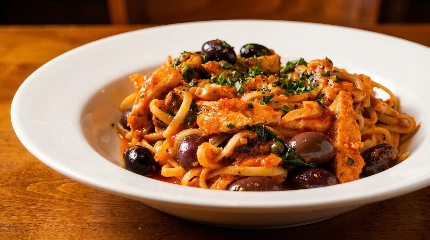 Linguine pasta with chicken, olives, and tomato sauce, garnished with parsley in a white bowl.