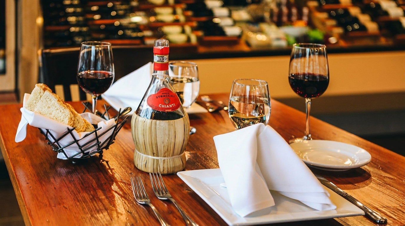 A rustic wooden table set with a Chianti wine bottle, bread basket, and wine glasses.
