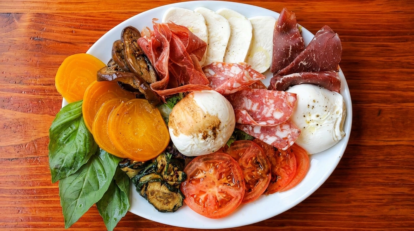A white plate filled with charcuterie, cheeses, roasted vegetables, and fresh basil on a wooden table.