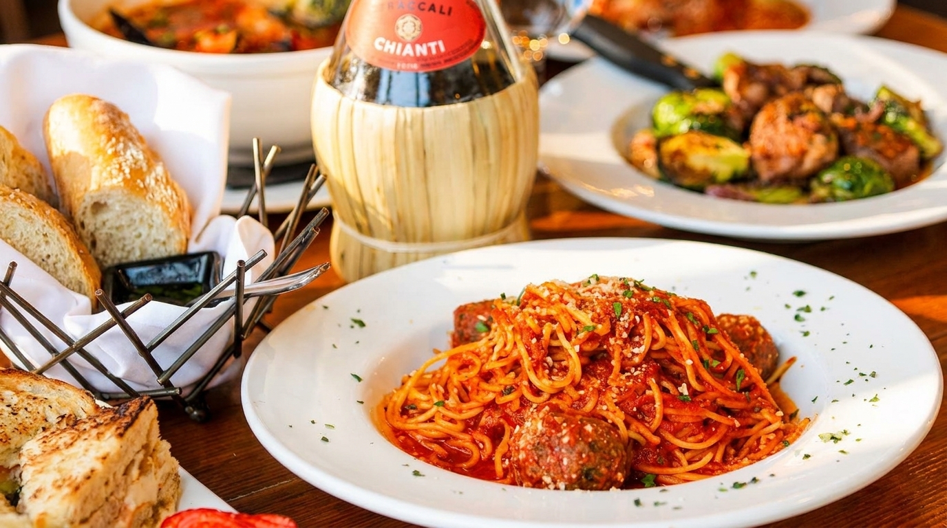 Spaghetti and meatballs with bread, wine, and roasted vegetables on a wooden table.