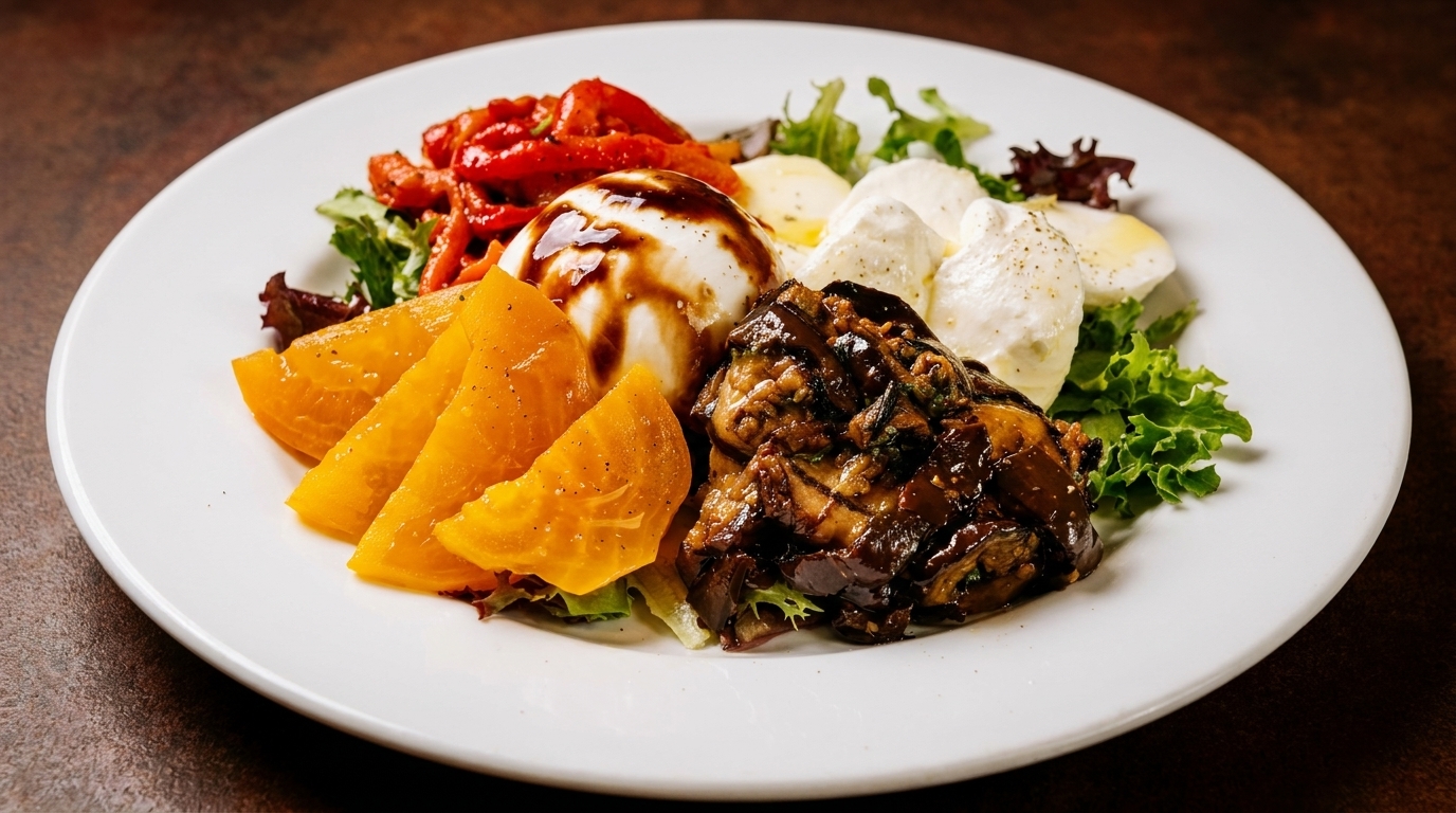 A white plate with burrata, roasted red peppers, golden beets, and eggplant caponata on lettuce.