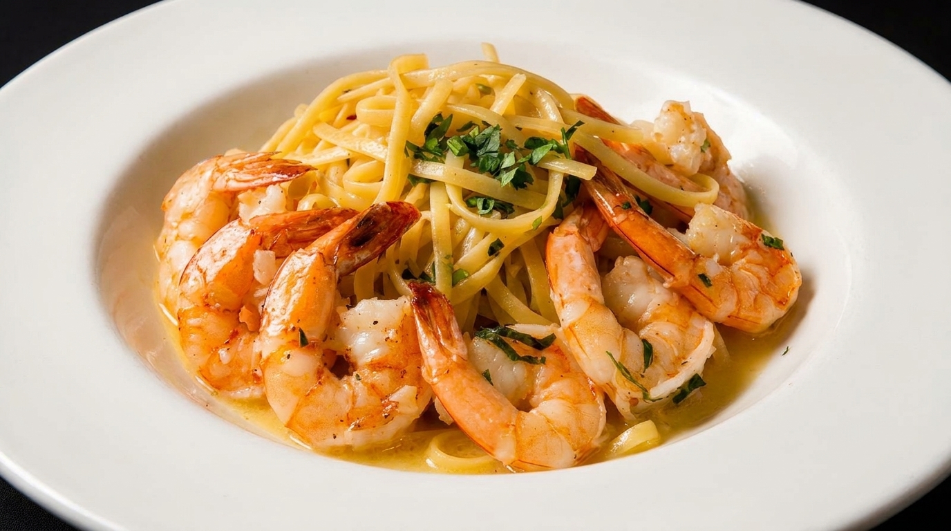 Linguine pasta with shrimp scampi, garlic, and parsley in a white bowl.