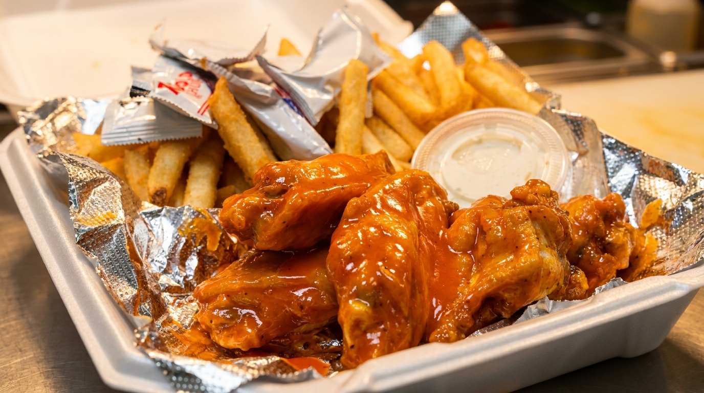 Buffalo wings with french fries, ranch dressing, and sauce packets in a styrofoam container.