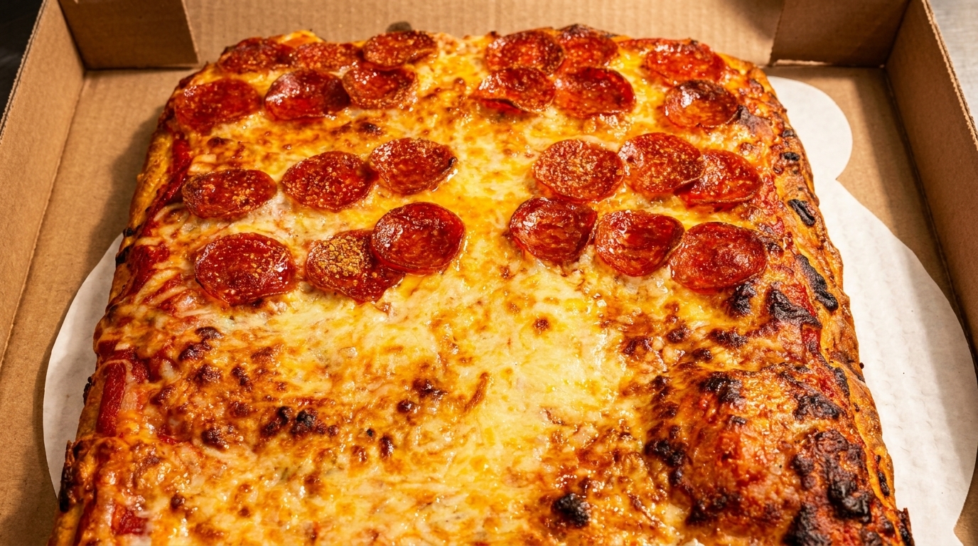 A rectangular pepperoni pizza with melted cheese and crispy crust sits in a cardboard box.