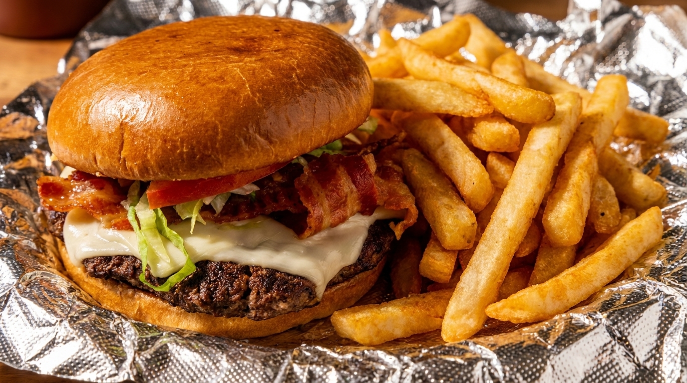 A bacon cheeseburger with lettuce, tomato, and fries served on foil.