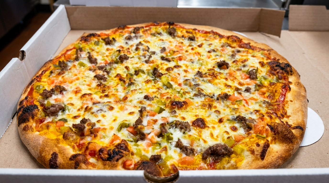 A whole pizza with melted cheese, ground meat, and colorful vegetables in a cardboard box.