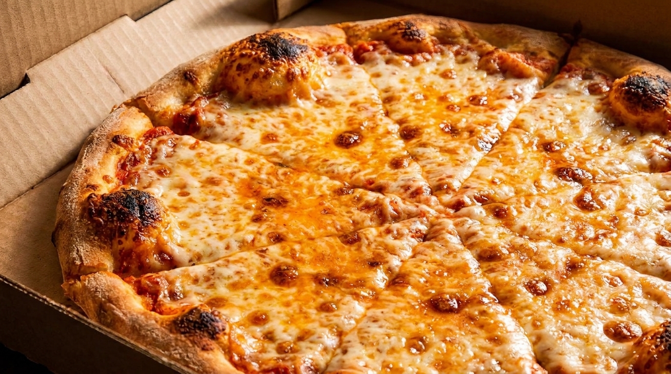 A whole cheese pizza with a golden crust, sliced and sitting in a cardboard delivery box.