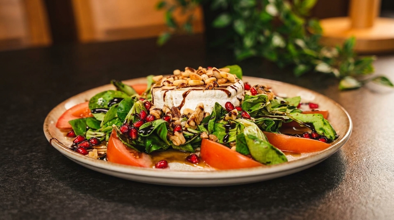 A gourmet salad with a round of baked brie, pine nuts, walnuts, pomegranate, tomatoes, and greens.