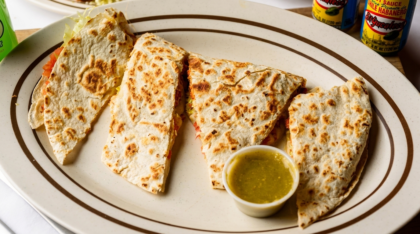 Four quesadilla slices with lettuce and tomato, served with green salsa on a white plate.