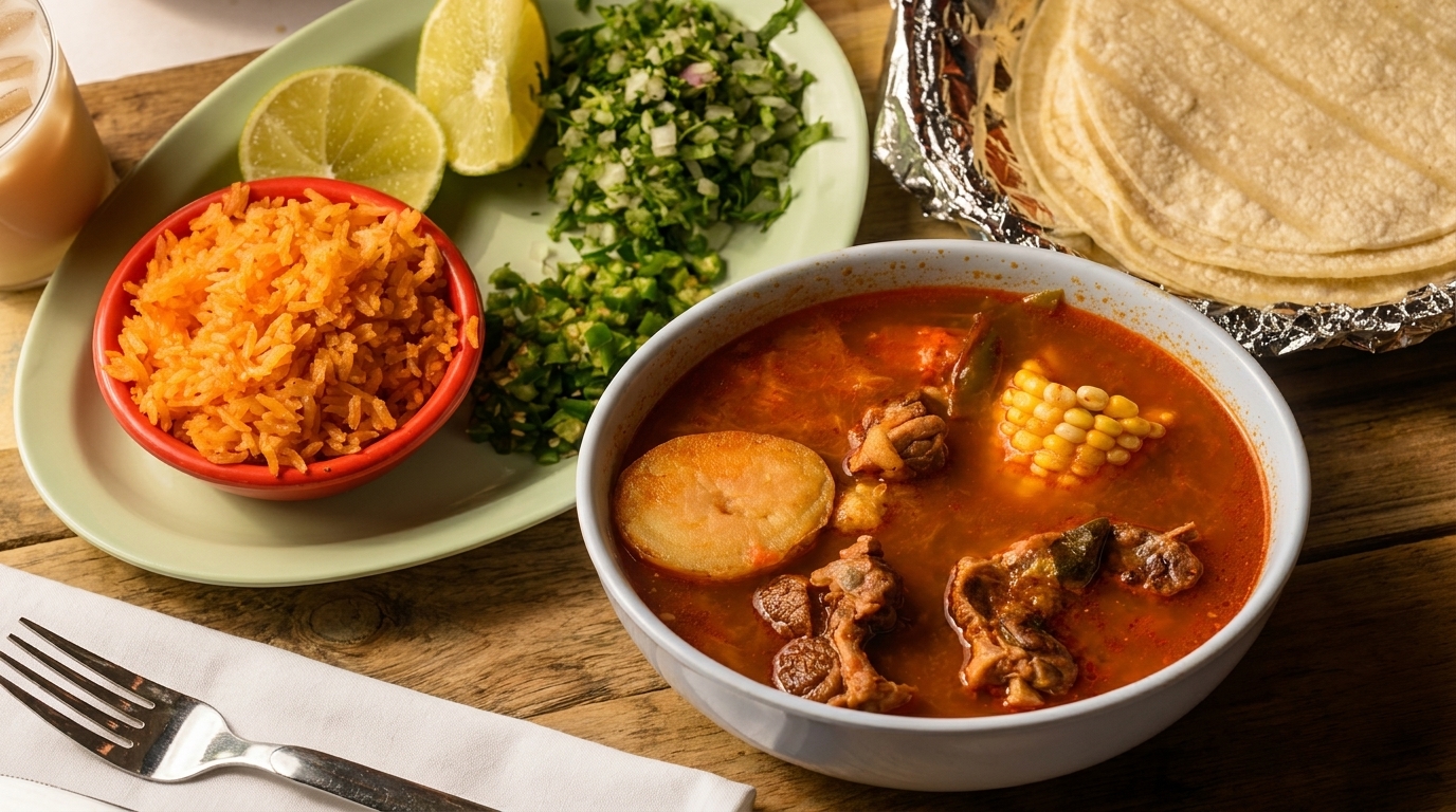 A Mexican meal with a bowl of red soup, rice, limes, chopped cilantro, and tortillas.