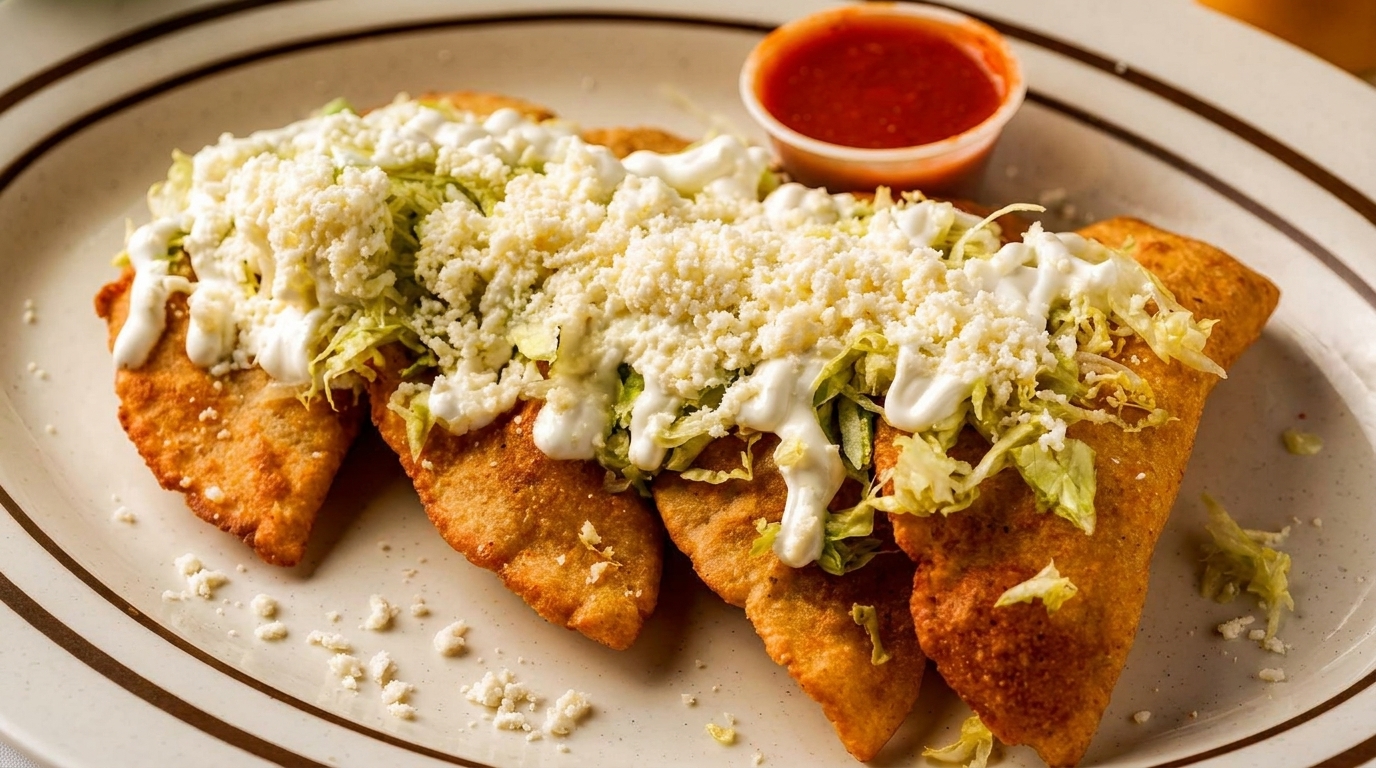 Four golden-fried empanadas topped with shredded lettuce, sour cream, and crumbled white cheese, with a side of red salsa.