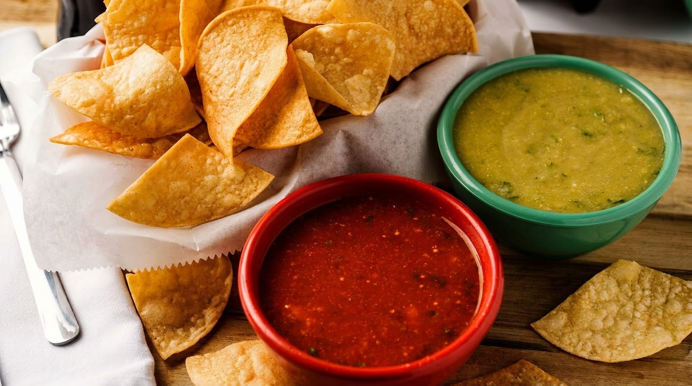 Crispy tortilla chips in a basket with red salsa and green salsa in colorful bowls.