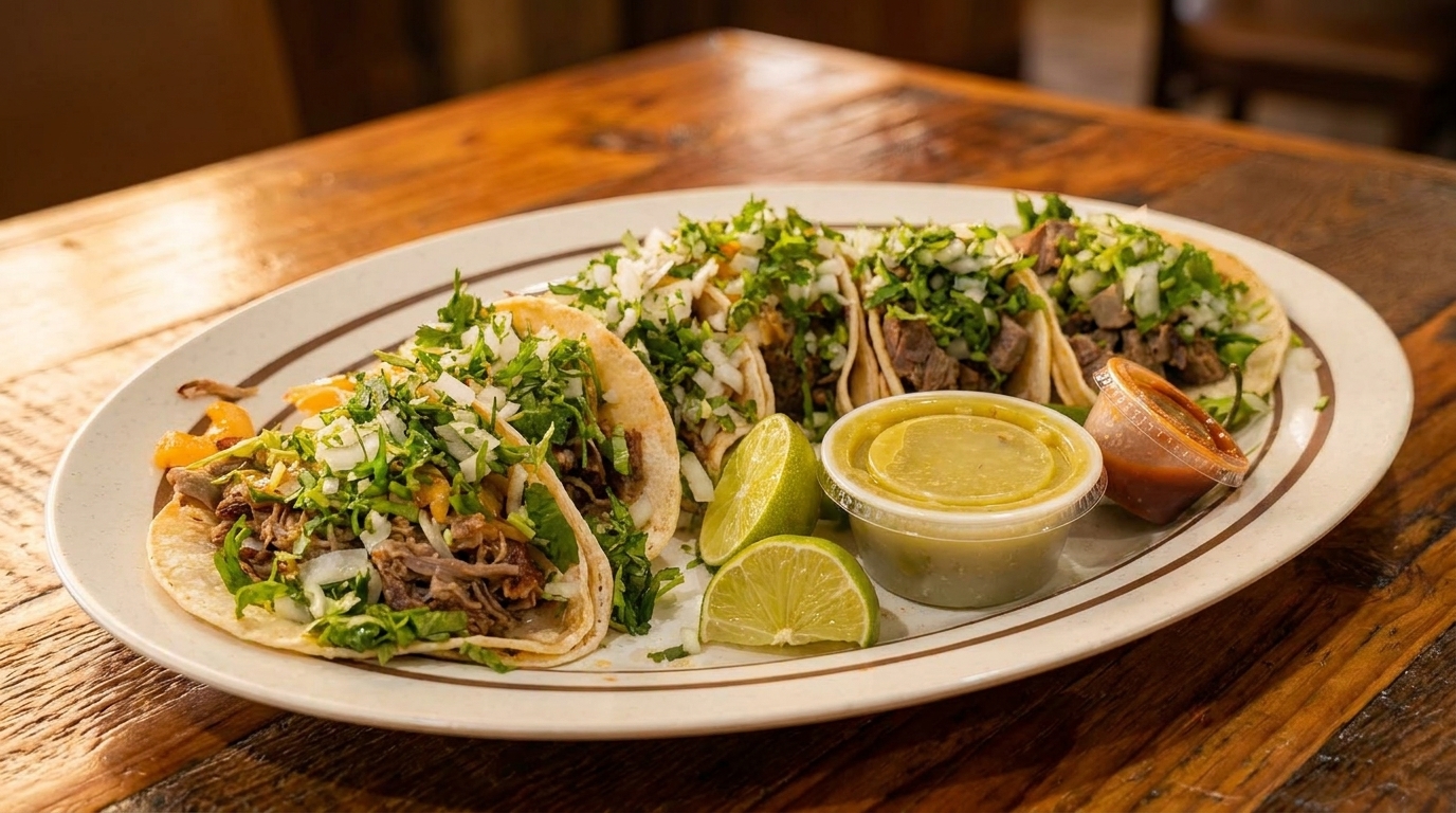 A white oval plate with five street tacos, lime wedges, and two small sauce containers on a wooden table.