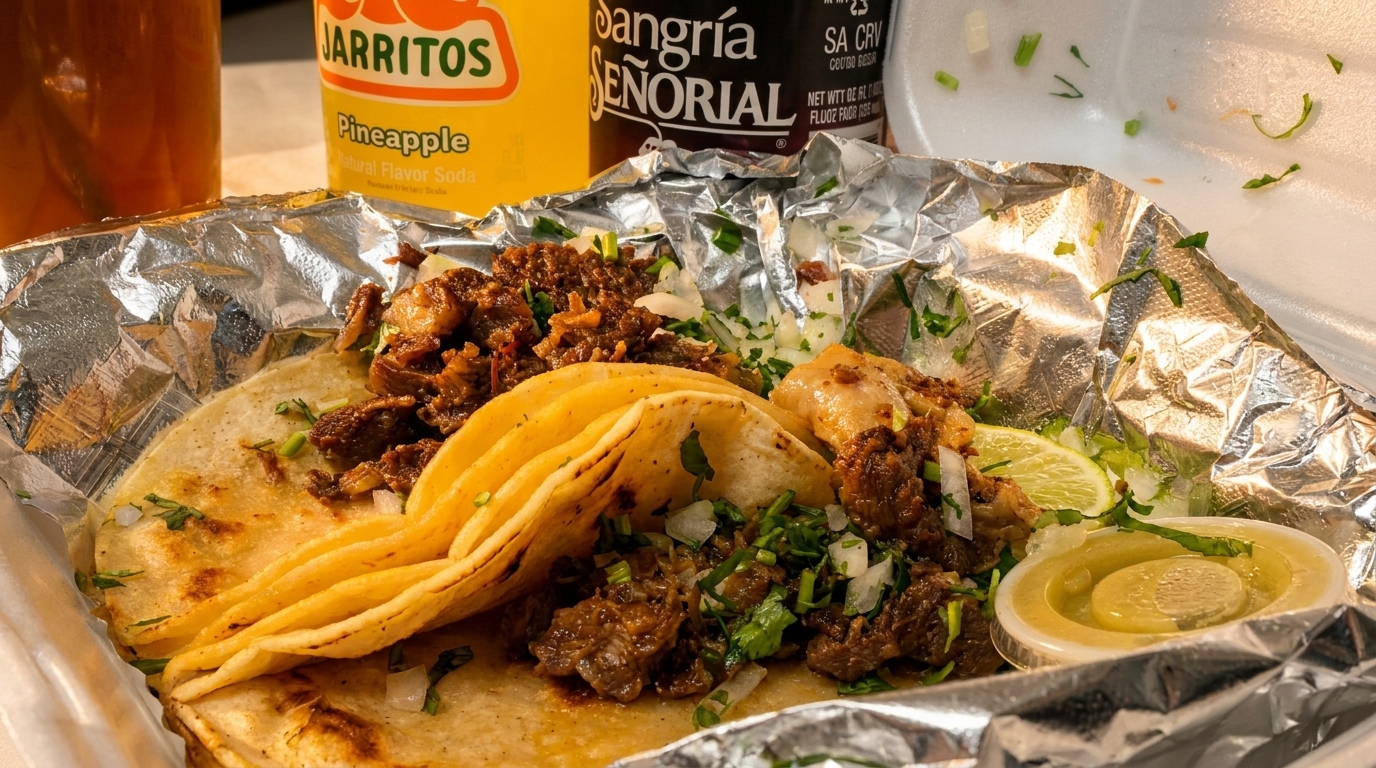 Three street tacos with meat, onions, cilantro, and lime, alongside Jarritos and Sangria Señorial sodas.