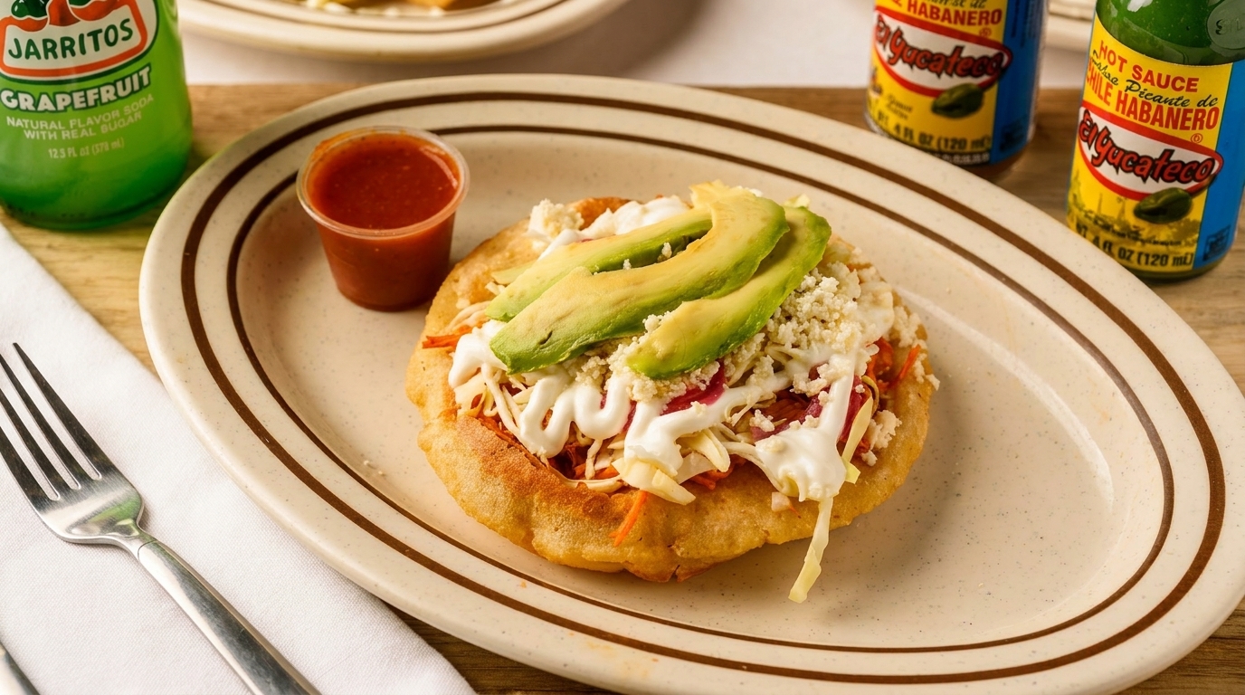 A Mexican sopes with avocado, cheese, and crema, served with salsa, Jarritos, and hot sauce.