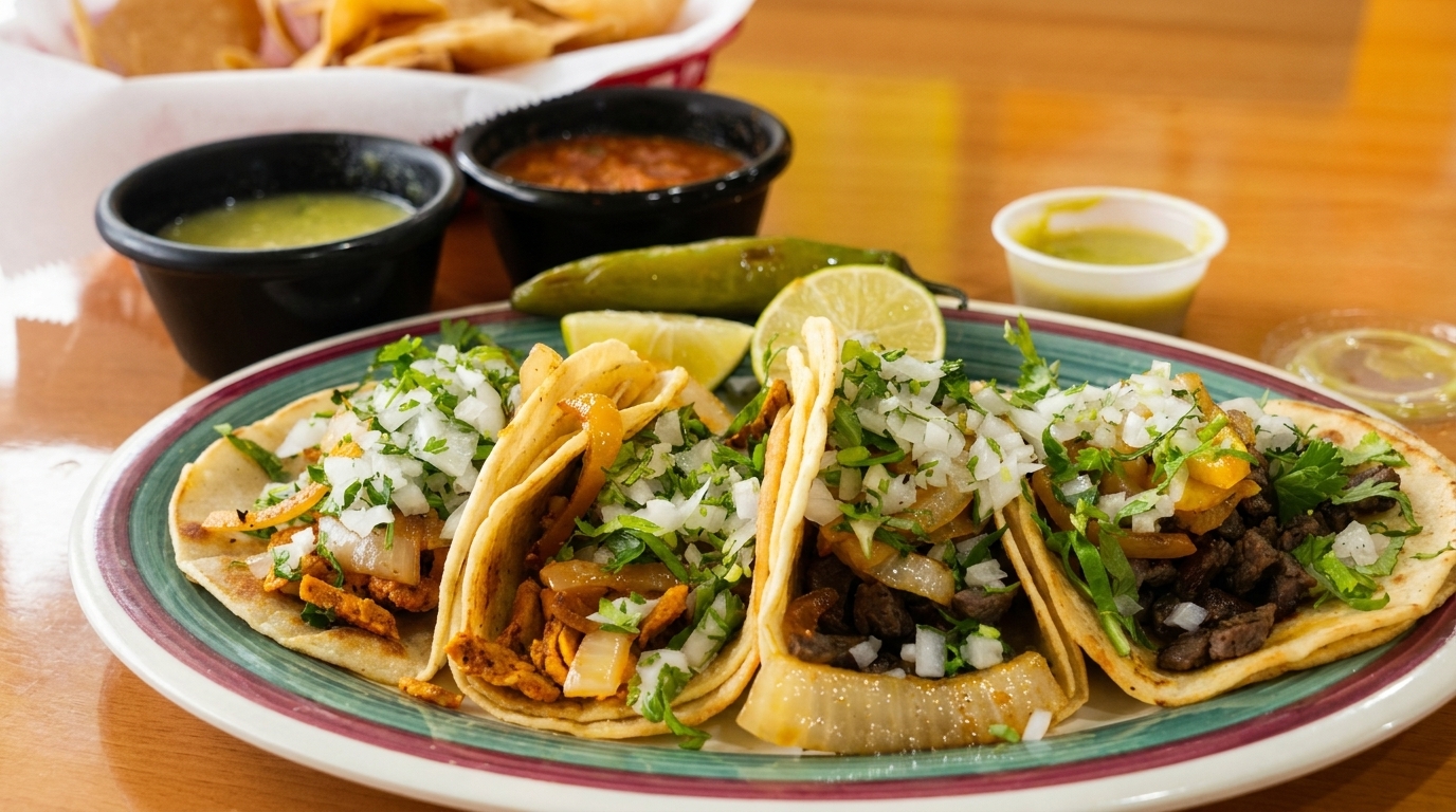 A plate of four street tacos with various fillings, cilantro, and onions, alongside salsas and lime.