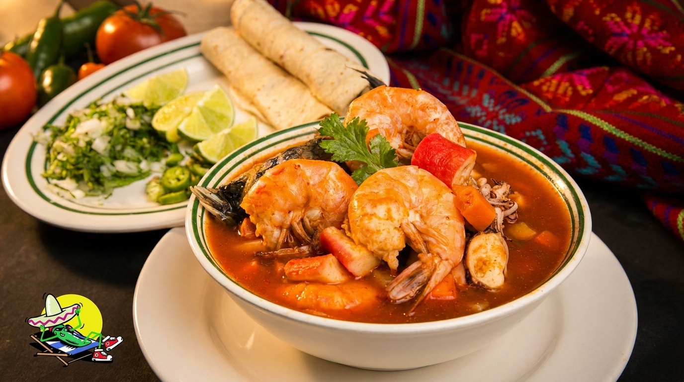 A bowl of shrimp and seafood soup with tortillas, salsa, and limes on the side.