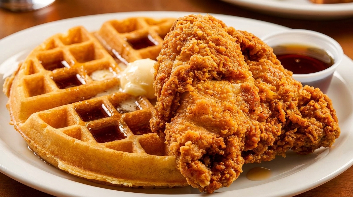 Crispy fried chicken and a golden waffle with butter and syrup on a white plate.