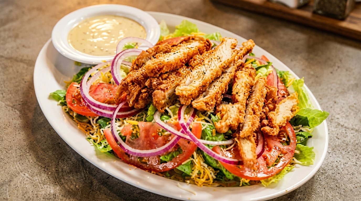 Crispy fried chicken salad with lettuce, tomatoes, red onions, shredded cheese, and a side of dressing.