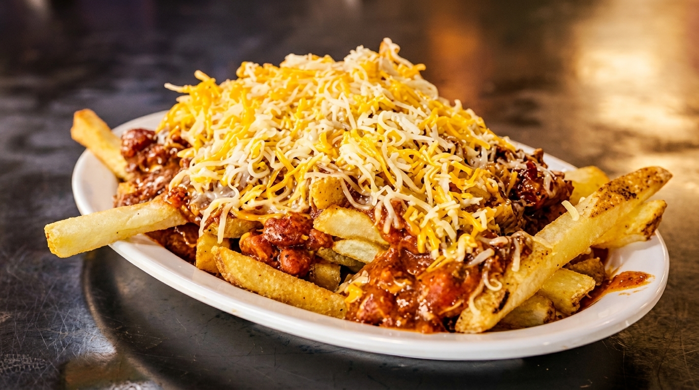 A white plate piled high with golden french fries, smothered in chili and shredded cheese.