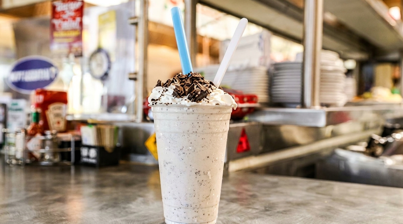 Cookies and cream milkshake with whipped cream, chocolate shavings, and two straws on a counter.