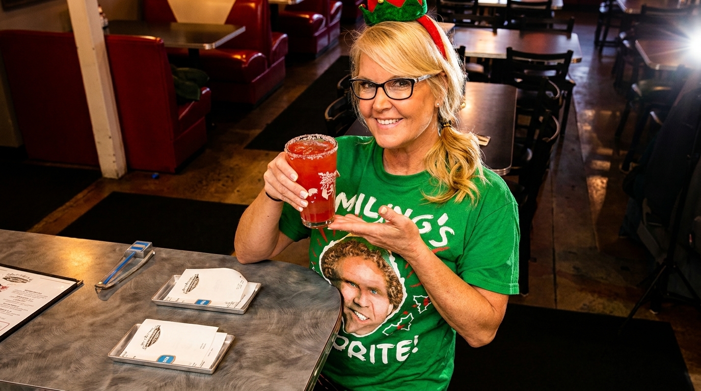 Blonde woman in elf headband and Buddy the Elf shirt holding a red cocktail at a diner counter.